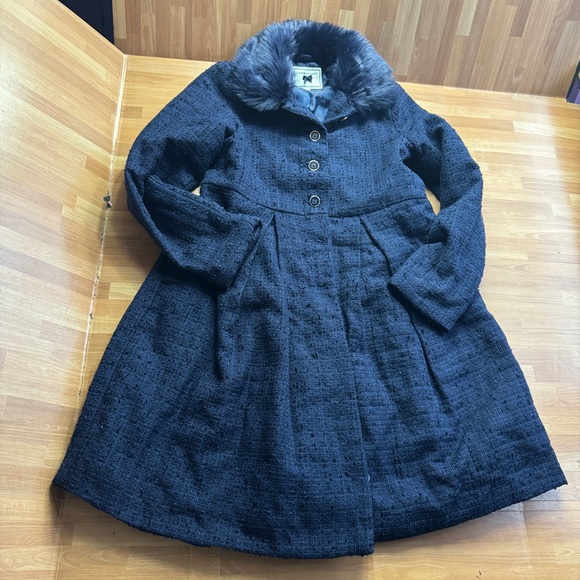 Janie & Jack navy blue fur collar boucle' dress coat size 8/10
